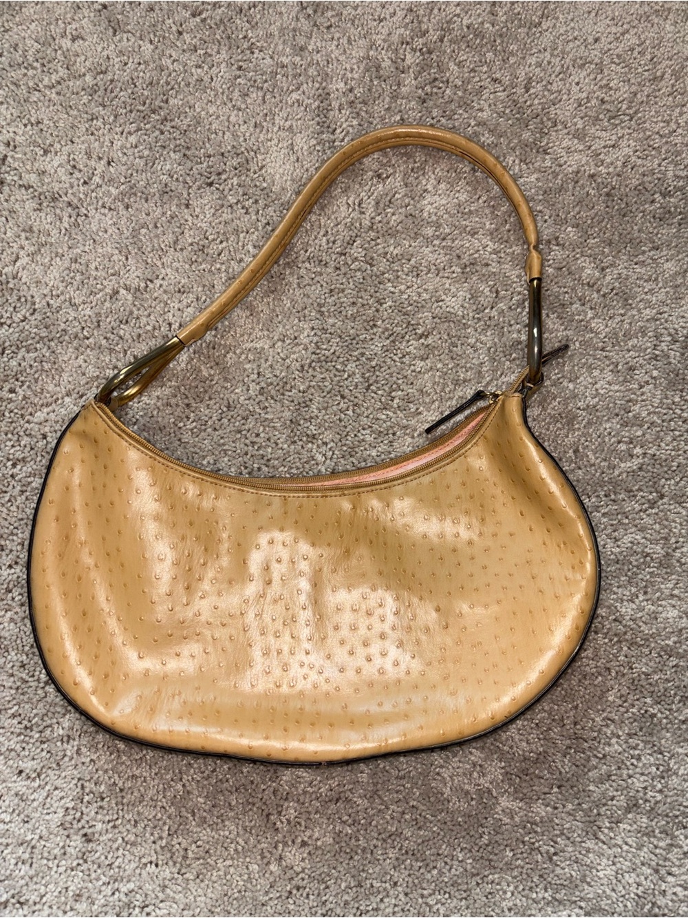 Bueno Tan Faux Ostrich Leather Crescent Shoulder Bag Y2K Hobo Pink Lining